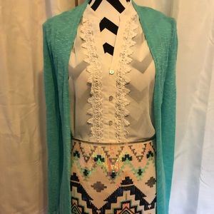 Turquoise open front sweater